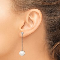 Sterling Silver Rhodium-plated 10-11mm White Round Freshwater Cultured Pearl Dangle Post Earrings view 3