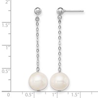 Sterling Silver Rhodium-plated 10-11mm White Round Freshwater Cultured Pearl Dangle Post Earrings view 4