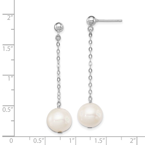 Sterling Silver Rhodium-plated 10-11mm White Round Freshwater Cultured Pearl Dangle Post Earrings