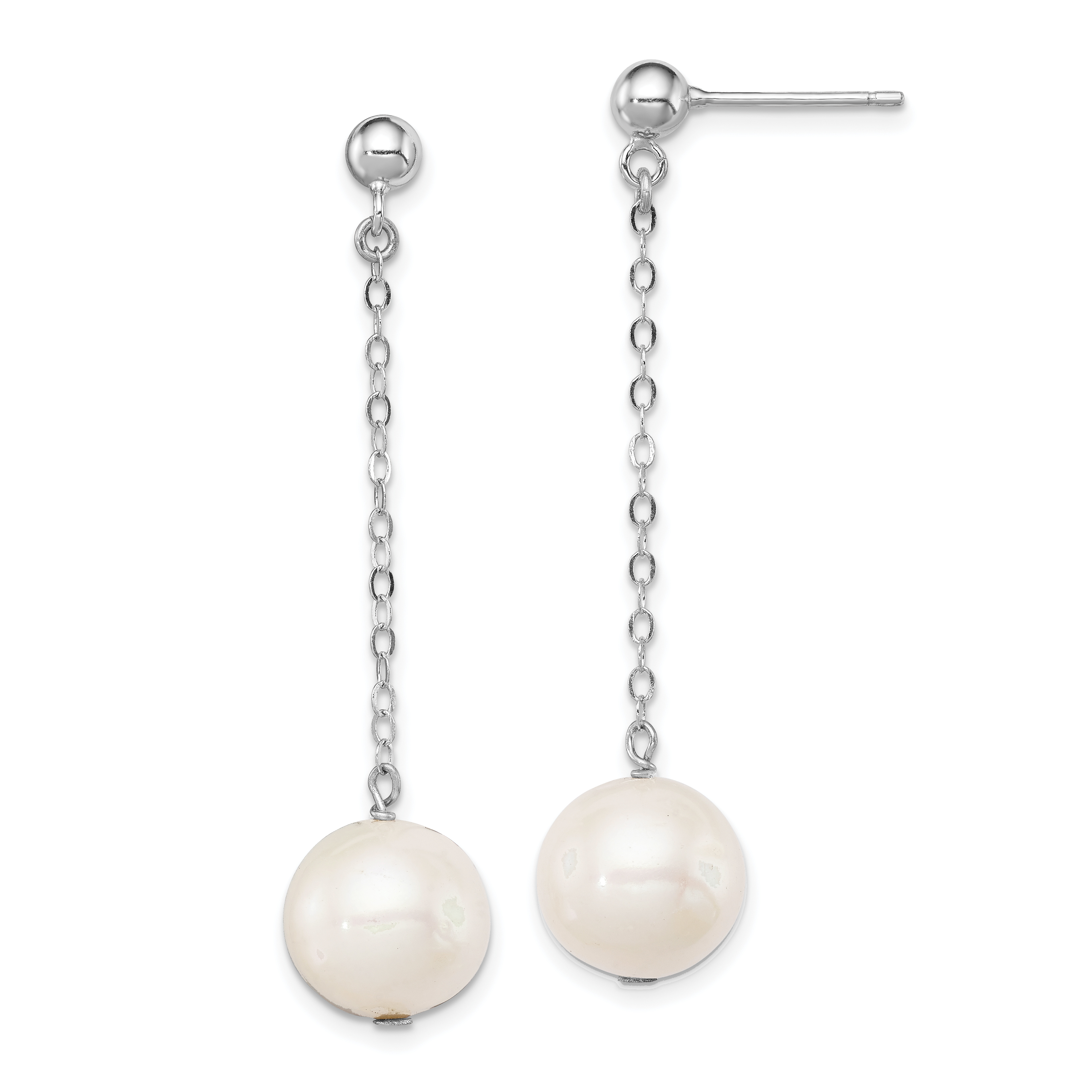 Sterling Silver Rhodium-plated 10-11mm White Round Freshwater Cultured Pearl Dangle Post Earrings (QE9339)