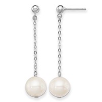 Sterling Silver Rhodium-plated 10-11mm White Round Freshwater Cultured Pearl Dangle Post Earrings view 1