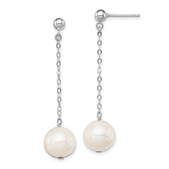 Sterling Silver Rhodium-plated 10-11mm White Round Freshwater Cultured Pearl Dangle Post Earrings