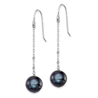 Sterling Silver Rhodium-plated 9-10mm Black Round Freshwater Cultured Pearl Dangle Earrings view 2