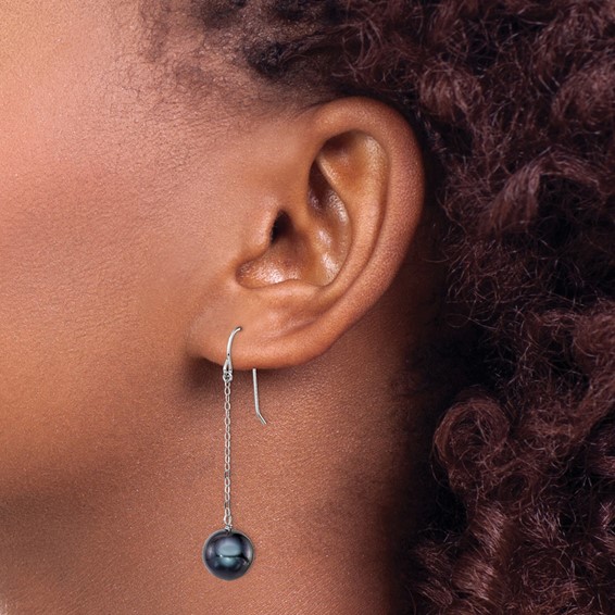 Sterling Silver Rhodium-plated 9-10mm Black Round Freshwater Cultured Pearl Dangle Earrings