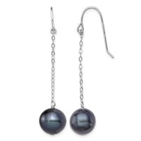 Sterling Silver Rhodium-plated 9-10mm Black Round Freshwater Cultured Pearl Dangle Earrings view 1
