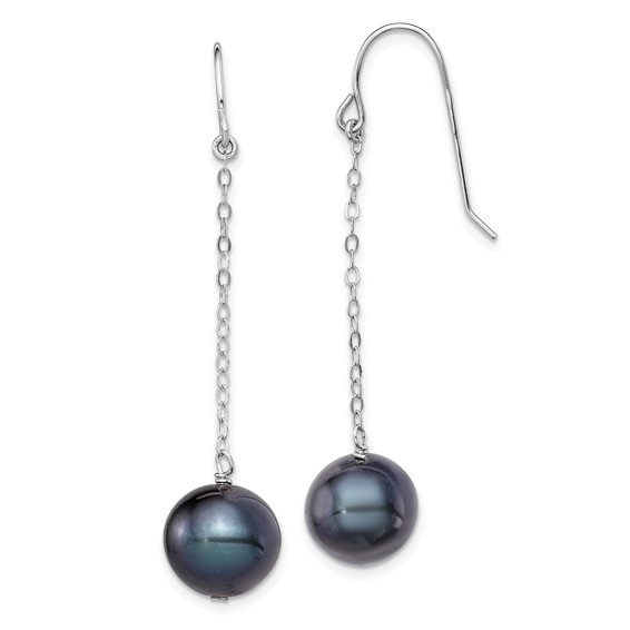 Sterling Silver Rhodium-plated 9-10mm Black Round Freshwater Cultured Pearl Dangle Earrings