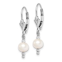 Sterling Silver Rhodium-plated 6-7mm White Semi-Round Freshwater Cultured Pearl Leverback Dangle Earrings view 2