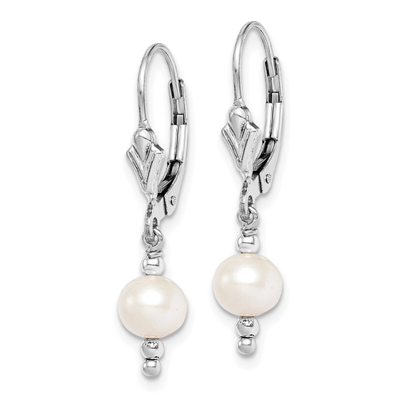 Sterling Silver Rhodium-plated 6-7mm White Semi-Round Freshwater Cultured Pearl Leverback Dangle Earrings