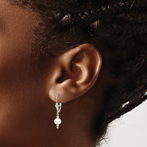Sterling Silver Rhodium-plated 6-7mm White Semi-Round Freshwater Cultured Pearl Leverback Dangle Earrings