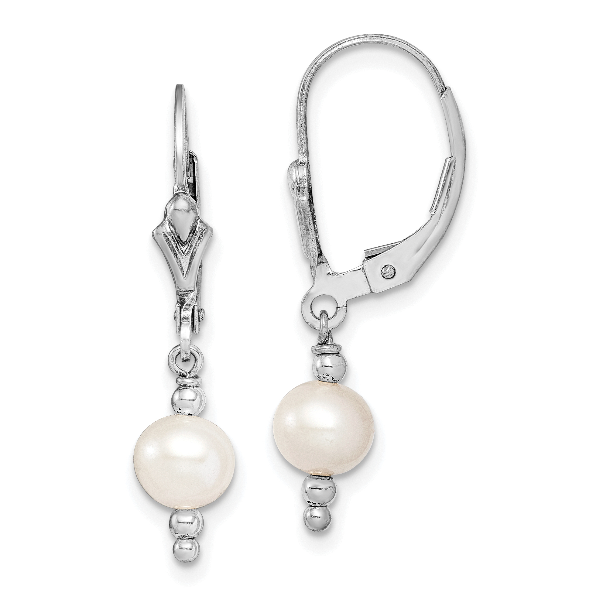Sterling Silver Rhodium-plated 6-7mm White Semi-Round Freshwater Cultured Pearl Leverback Dangle Earrings (QE9347)