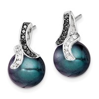 Sterling Silver Polished Black and White CZ Earrings with 9-10mm Black Imitation Shell Pearl Post view 2