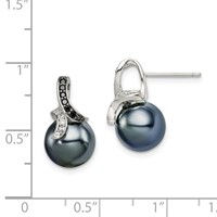 Sterling Silver Polished Black and White CZ Earrings with 9-10mm Black Imitation Shell Pearl Post view 4