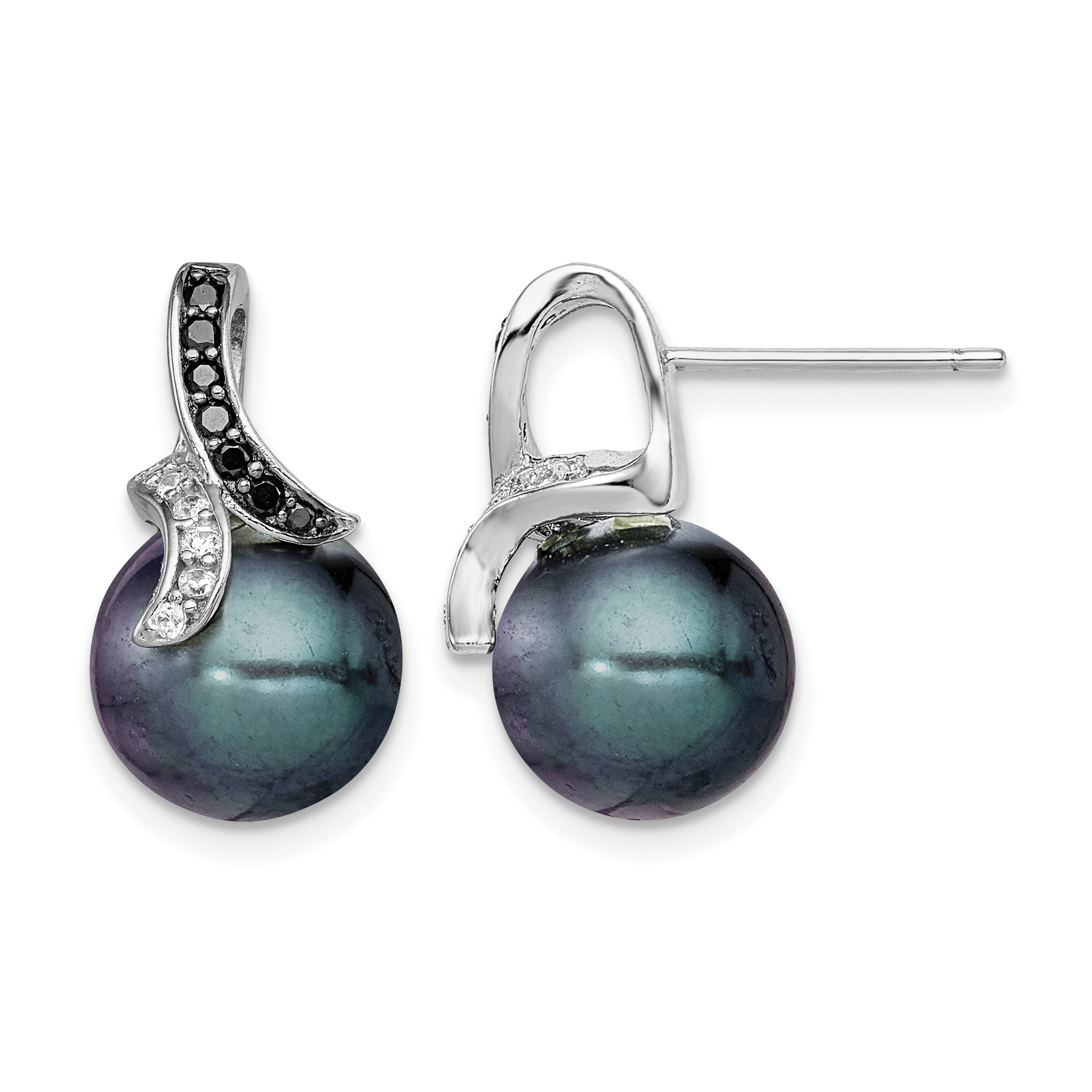 Sterling Silver Polished Black and White CZ with 9-10mm Black Imitation Shell Pearl Post Earrings (QE9354)