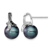 Sterling Silver Polished Black and White CZ Earrings with 9-10mm Black Imitation Shell Pearl Post view 1