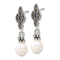 Sterling Silver Polished & Antiqued Crystal, Marcasite & FW Cultured Pearl Post Dangle Earrings view 2