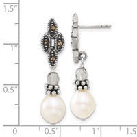 Sterling Silver Polished & Antiqued Crystal, Marcasite & FW Cultured Pearl Post Dangle Earrings view 3