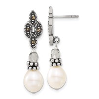 Sterling Silver Polished & Antiqued Crystal, Marcasite & FW Cultured Pearl Post Dangle Earrings view 1