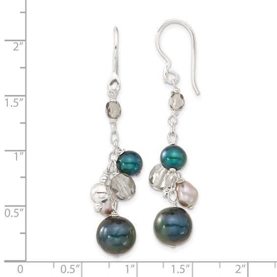 Sterling Silver Multicolor Simulated Pearl & Glass Bead Cluster Dangle Earrings