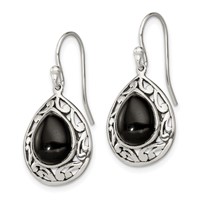 Sterling Silver Polished & Antiqued Filigree Onyx Teardrop Dangle Earrings view 2