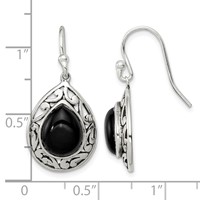 Sterling Silver Polished & Antiqued Filigree Onyx Teardrop Dangle Earrings view 4