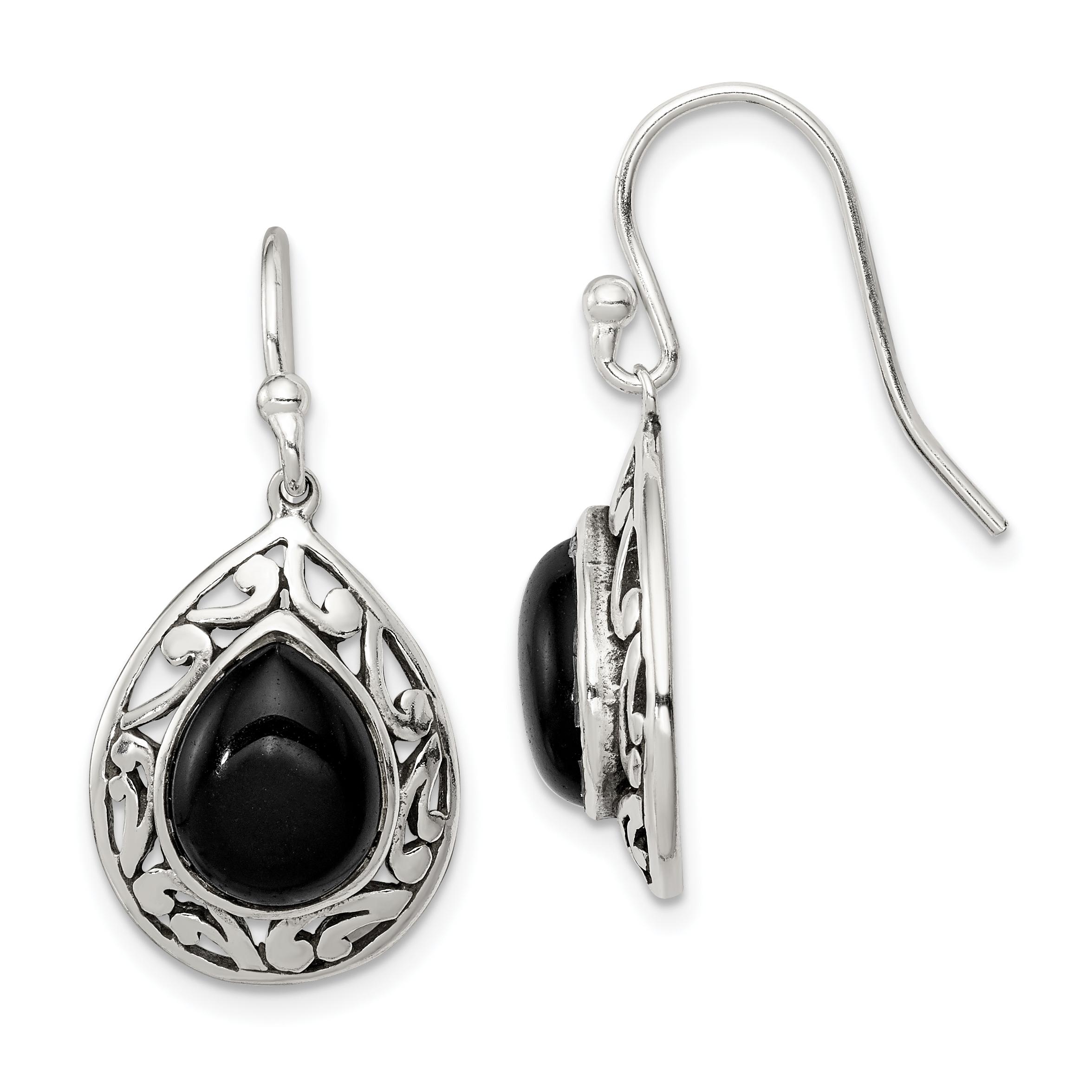Sterling Silver Polished & Antiqued Filigree Onyx Teardrop Dangle Earrings (QE9376)