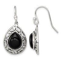 Sterling Silver Polished & Antiqued Filigree Onyx Teardrop Dangle Earrings view 1