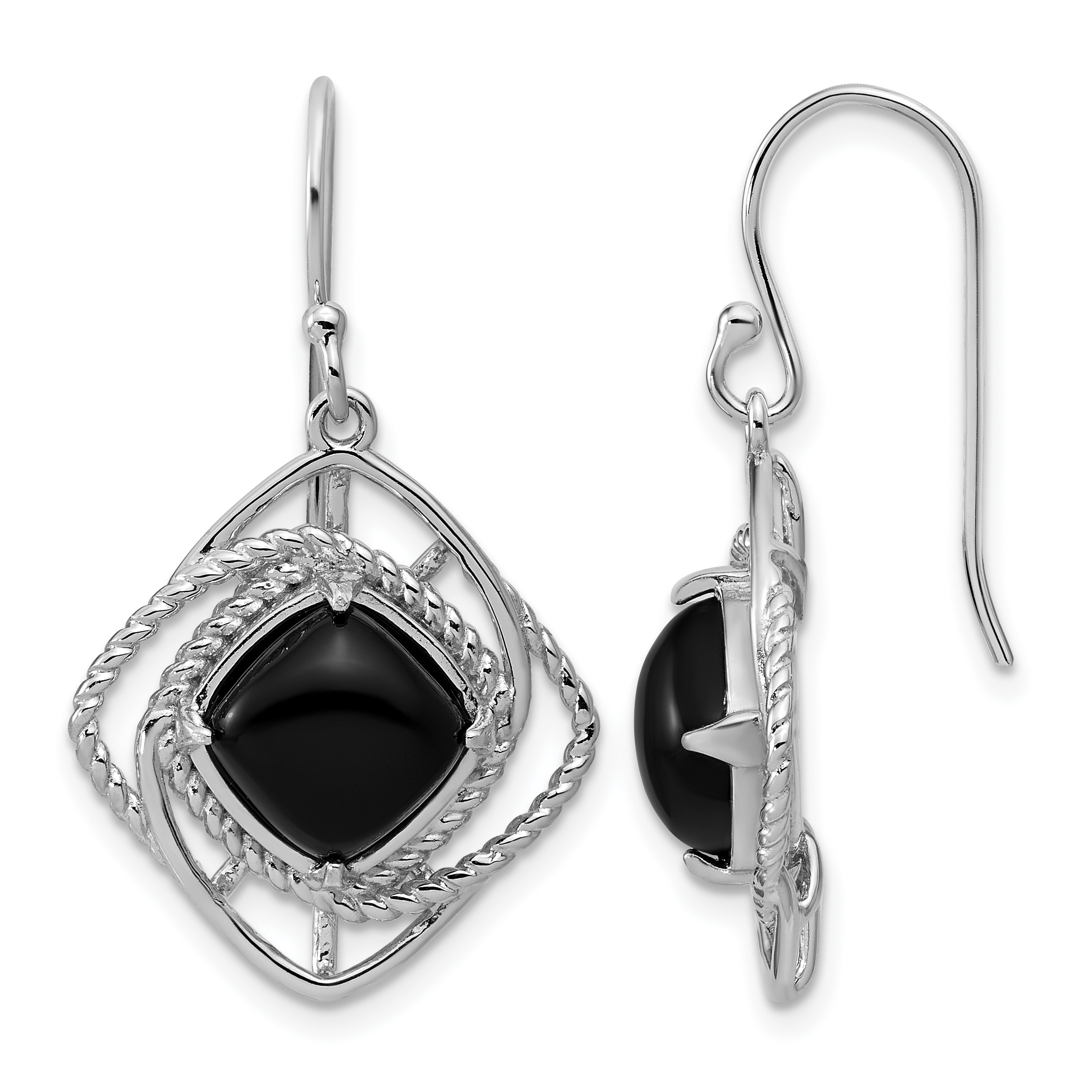 Sterling Silver Rhodium-plated Polished & Twisted Onyx Dangle Earrings (QE9377)