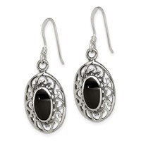 Sterling Silver Polished Antiqued Filigree Black Agate Oval Dangle Earrings view 2