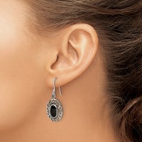 Sterling Silver Polished Antiqued Filigree Black Agate Oval Dangle Earrings view 3