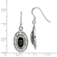 Sterling Silver Polished Antiqued Filigree Black Agate Oval Dangle Earrings view 4