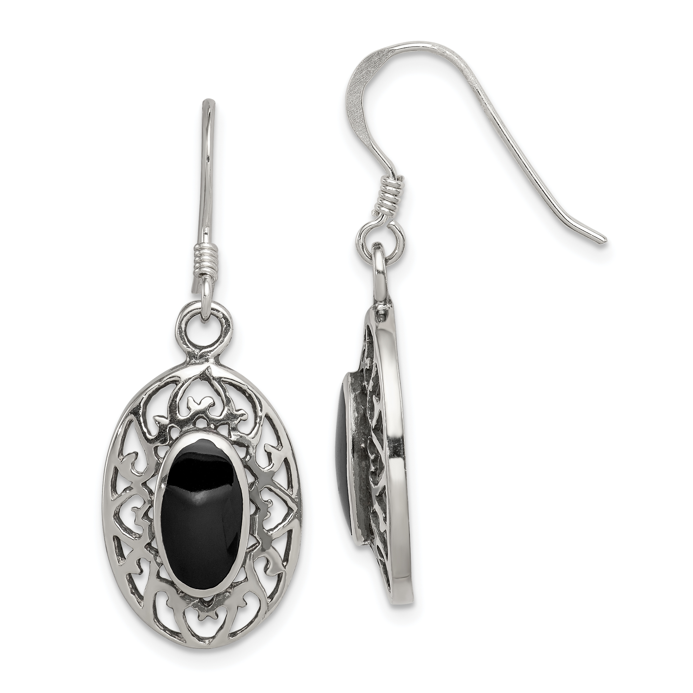 Sterling Silver Polished/Antiqued Filigree Black Agate Oval Dangle Earrings (QE9387)