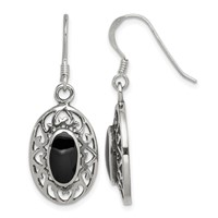 Sterling Silver Polished Antiqued Filigree Black Agate Oval Dangle Earrings view 1
