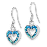 Sterling Silver RH-plated Blue Created Opal Inlay Heart Dangle Earrings view 2