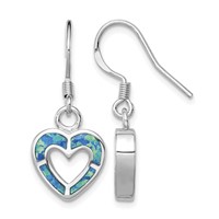 Sterling Silver RH-plated Blue Created Opal Inlay Heart Dangle Earrings view 1