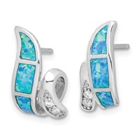 Sterling Silver RH-plated CZ & Blue Created Opal Twisted Post Earrings view 2
