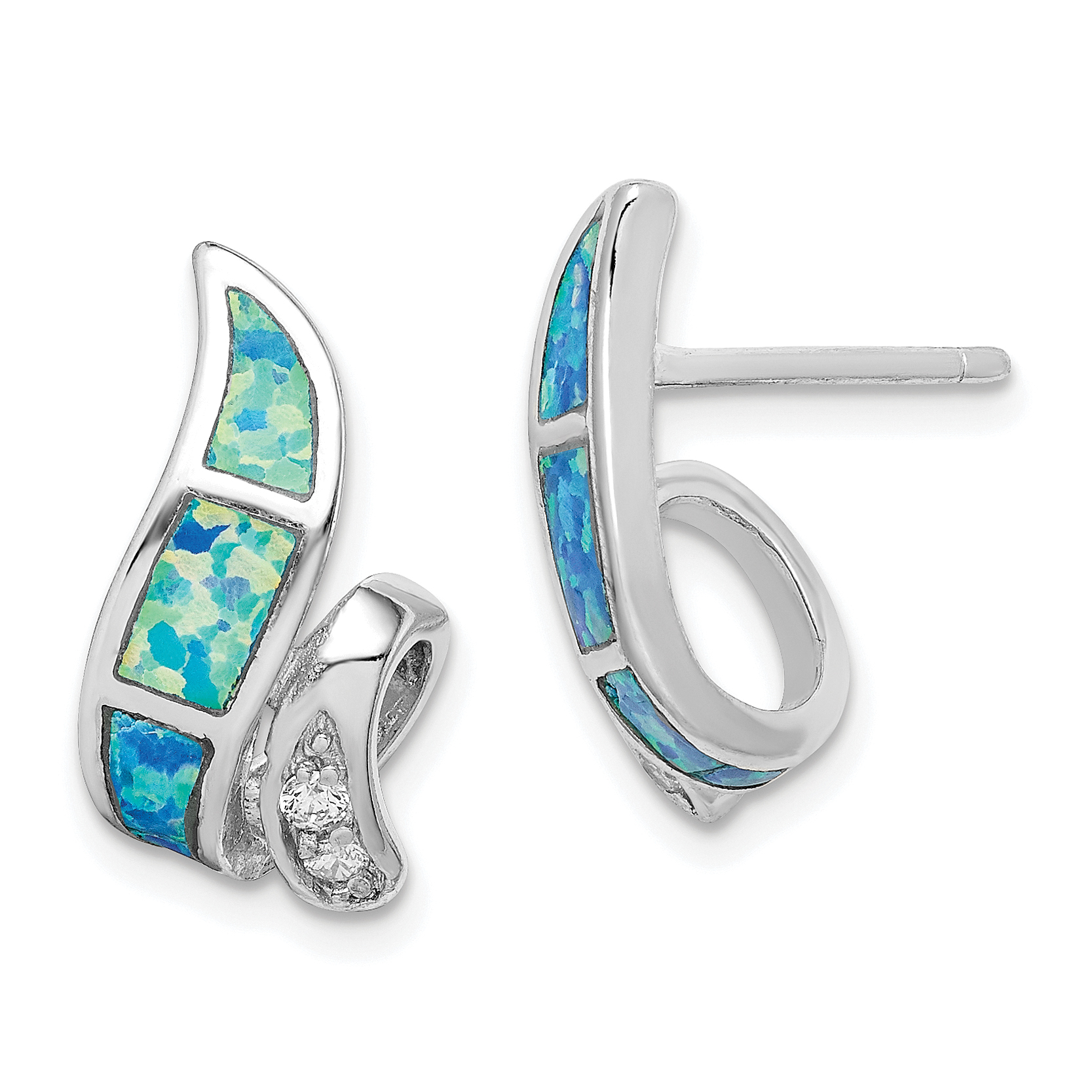 Sterling Silver RH-plated CZ & Blue Created Opal Twisted Post Earrings (QE9406)