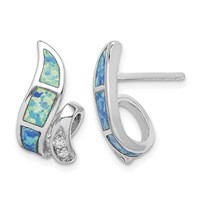 Sterling Silver RH-plated CZ & Blue Created Opal Twisted Post Earrings view 1