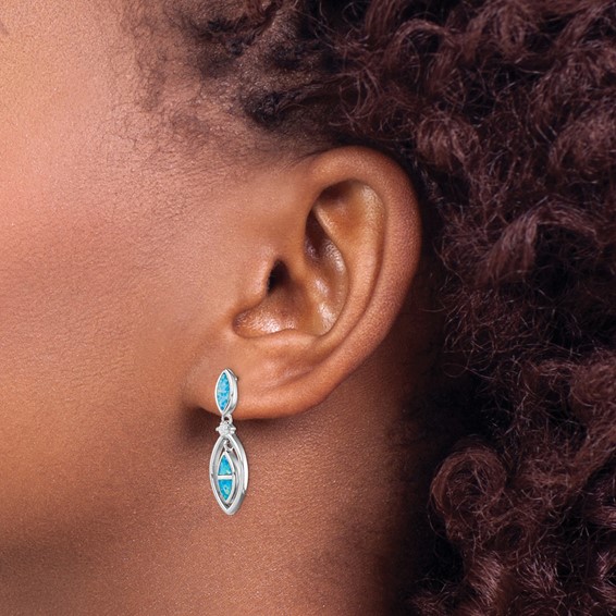 Sterling Silver RH-plated CZ & Blue Cr. Opal Marquise Post Dangle Earrings