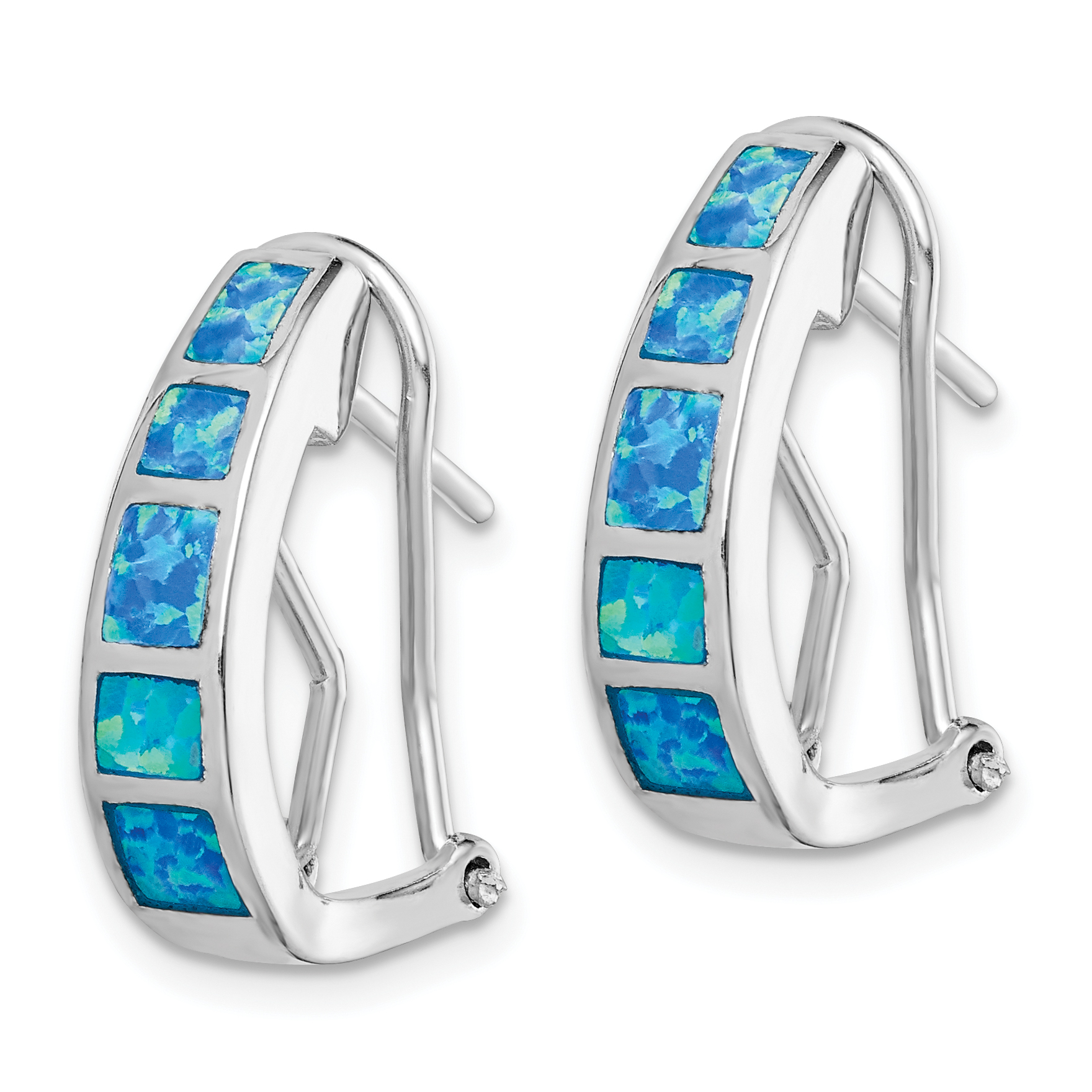 Silver Polished Blue Created Opal Inlay J-Hoop Earrings QE9409 - Picture 2 of 4