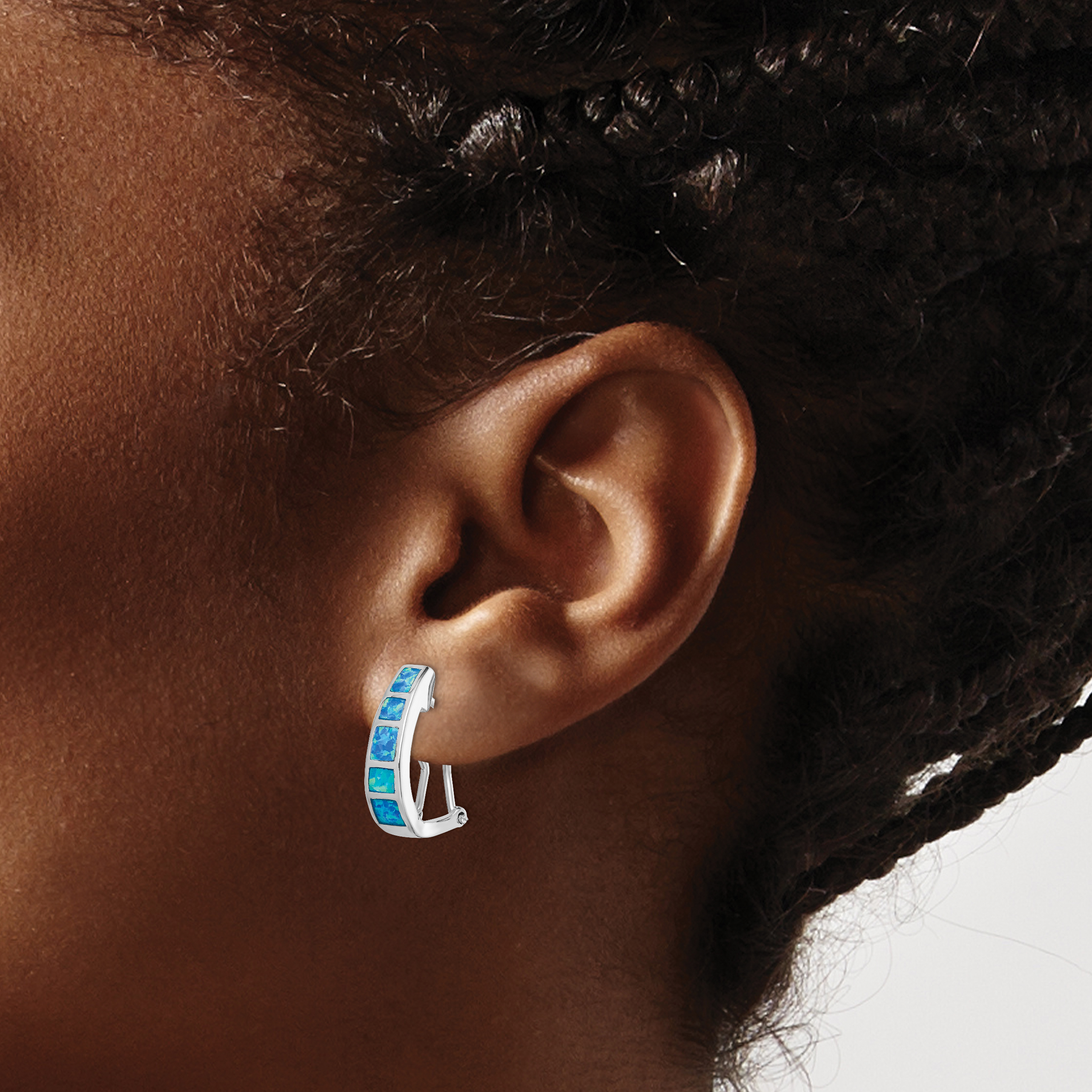Silver Polished Blue Created Opal Inlay J-Hoop Earrings QE9409 - Picture 3 of 4