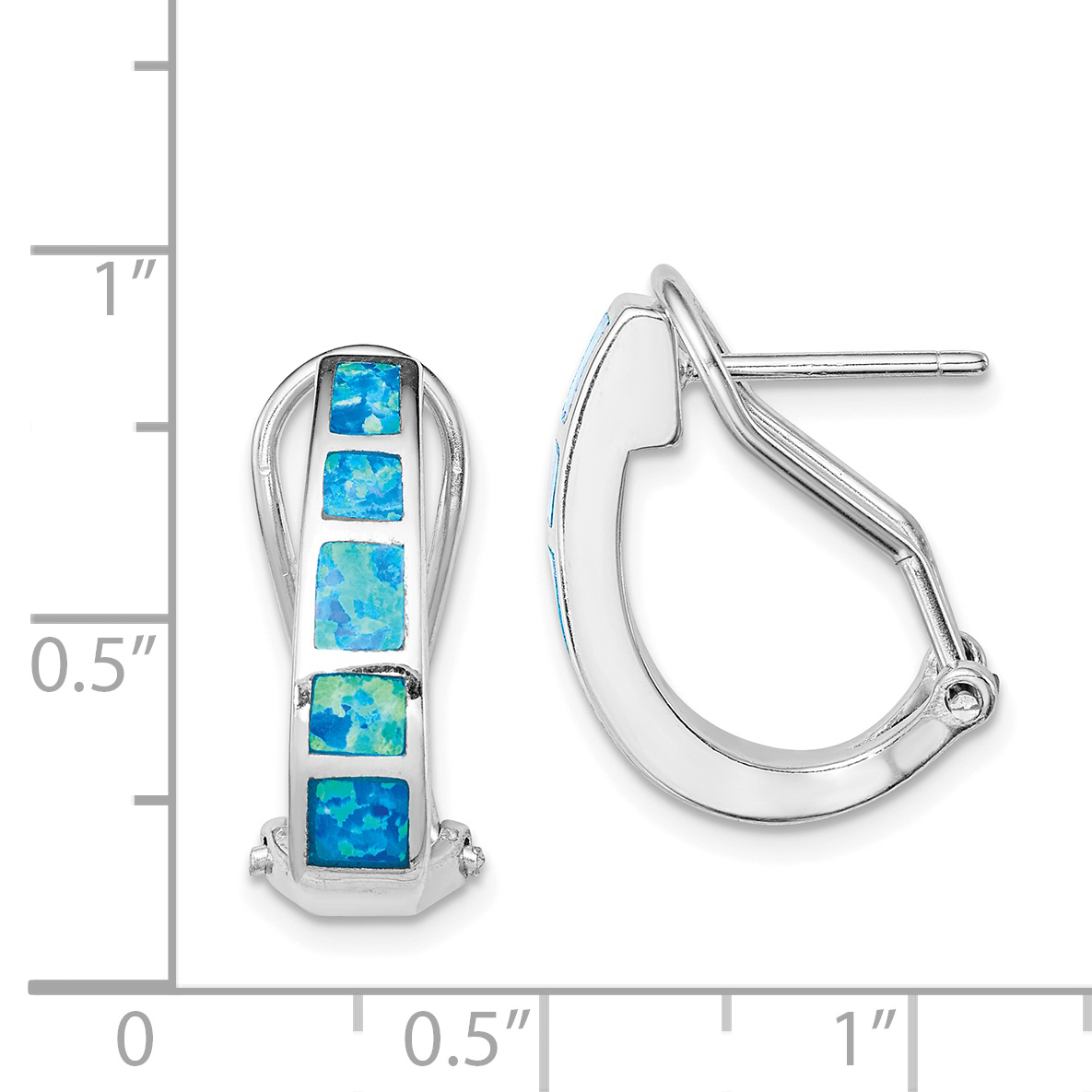 Silver Polished Blue Created Opal Inlay J-Hoop Earrings QE9409 - Picture 4 of 4