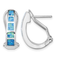 Sterling Silver Rhodium-plated Polished Blue Created Opal Inlay J-Hoop Earrings view 1