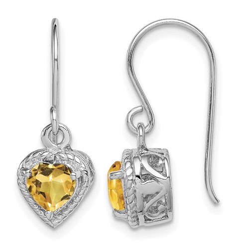 Sterling Silver Rhodium-plated Citrine Filigree Heart Dangle Earrings