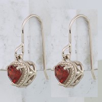 Sterling Silver Rhodium Plated Garnet Small Heart Earrings view 2