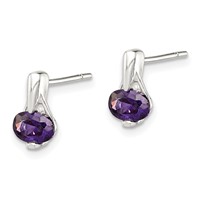 Sterling Silver Polished Oval Purple CZ Post Earrings view 2