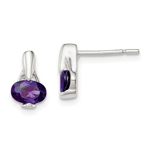 Sterling Silver Polished Oval Purple CZ Post Earrings