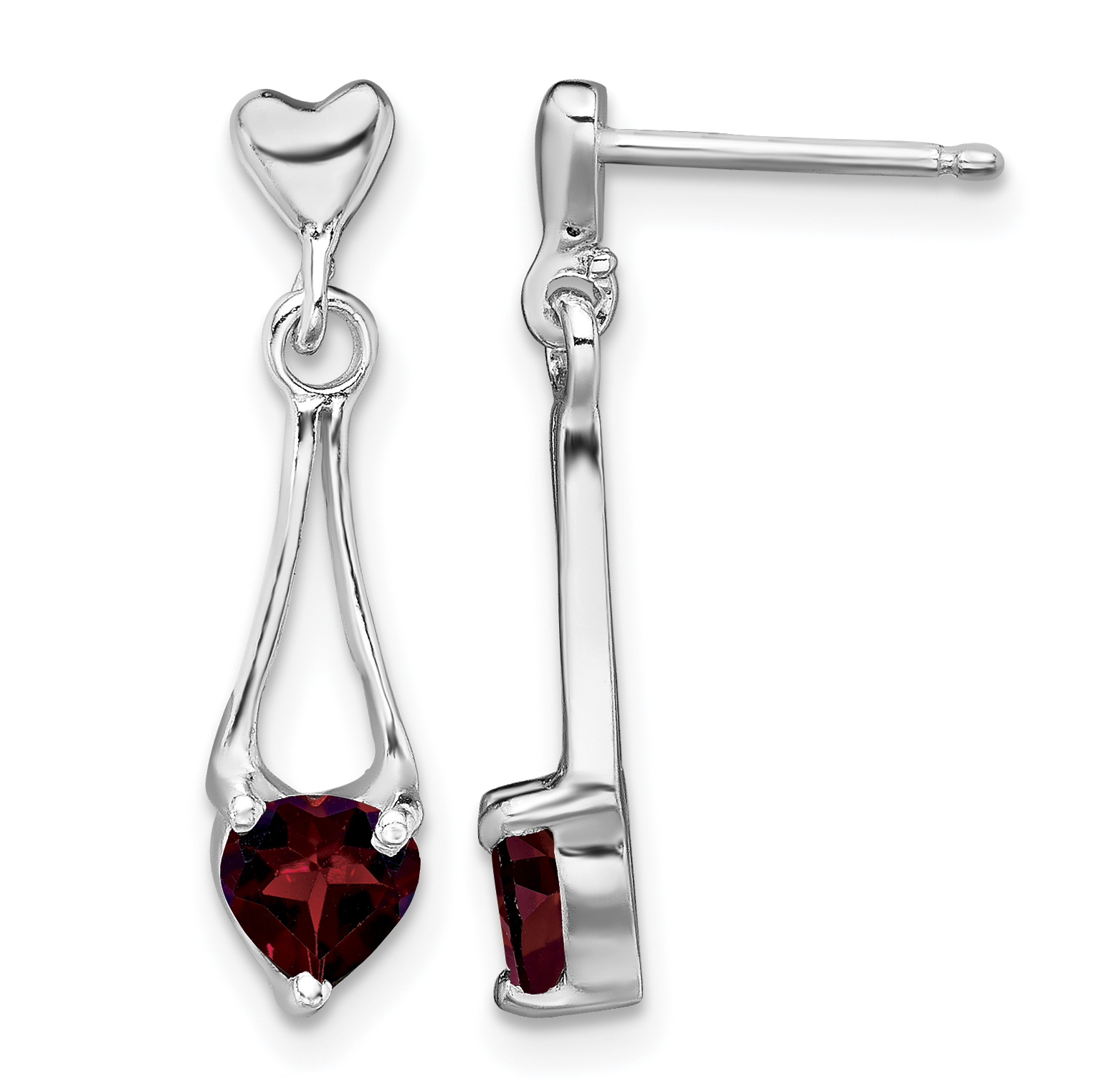Sterling Silver Rhodium-plated Polished Garnet Heart Post Dangle Earrings (QE9431)
