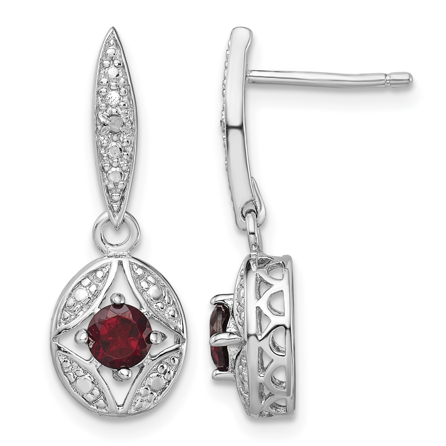 Sterling Silver Rhodium-plated Garnet and Diamond Dangle Earrings (QE9433)