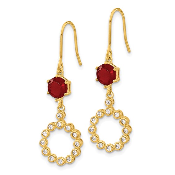 Sterling Silver & Gold-plated CZ & Red Glass Circle Dangle Earrings