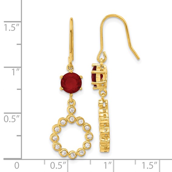 Sterling Silver & Gold-plated CZ & Red Glass Circle Dangle Earrings